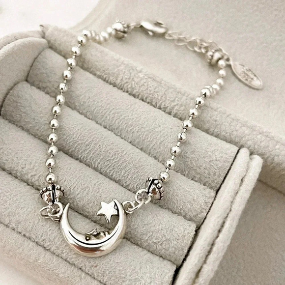Jewelry - 925 Sterling Silver Moon & Star Bracelet Dainty Bracelet Beaded Bracelet